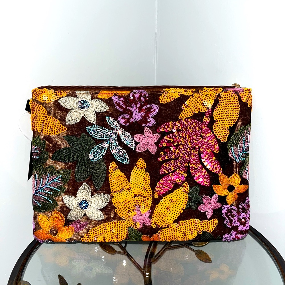 Floral sequin oversized wristlet clutch bag